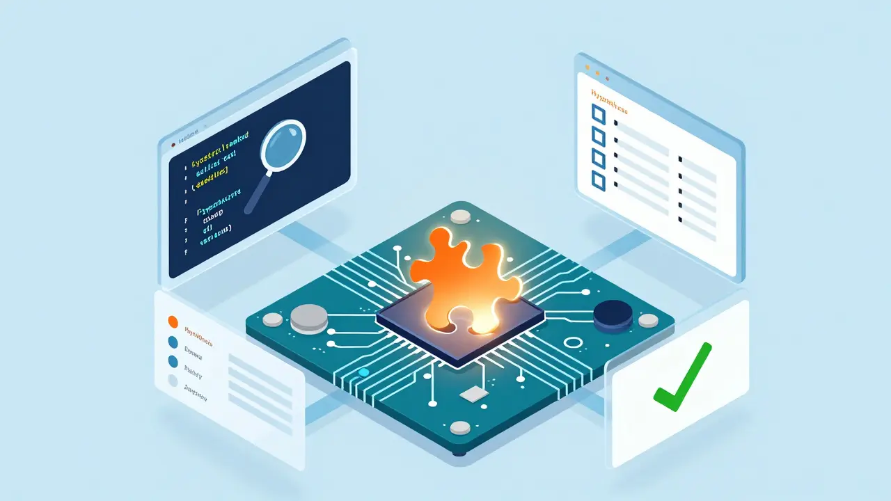 Conceptual illustration of systematic debugging steps and code analysis