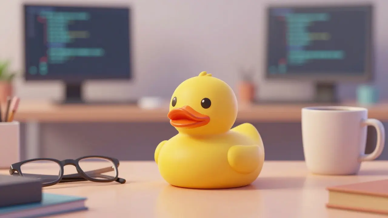 Rubber duck on a desk symbolizing the rubber duck debugging technique