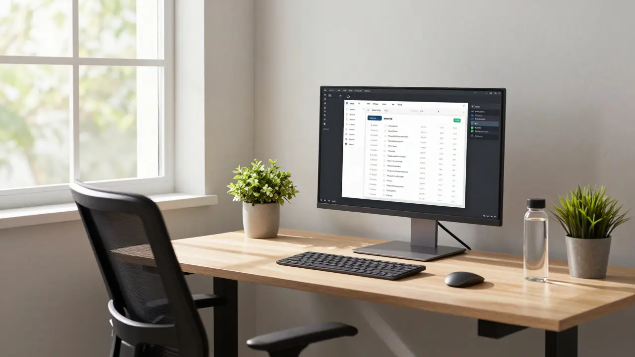 Serene sunlit workspace with standing desk and organized tech setup