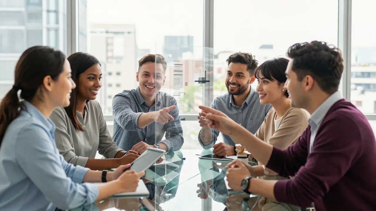 Team collaborating happily with AI tools in modern office