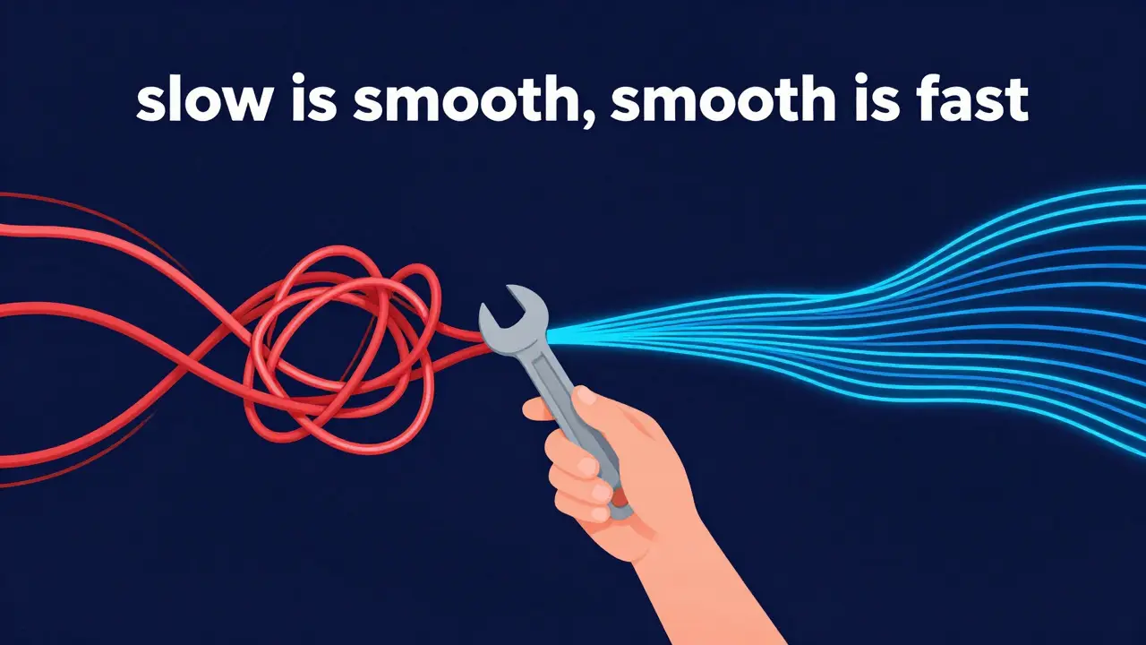 Visual metaphor of messy red code knots vs smooth blue data streams