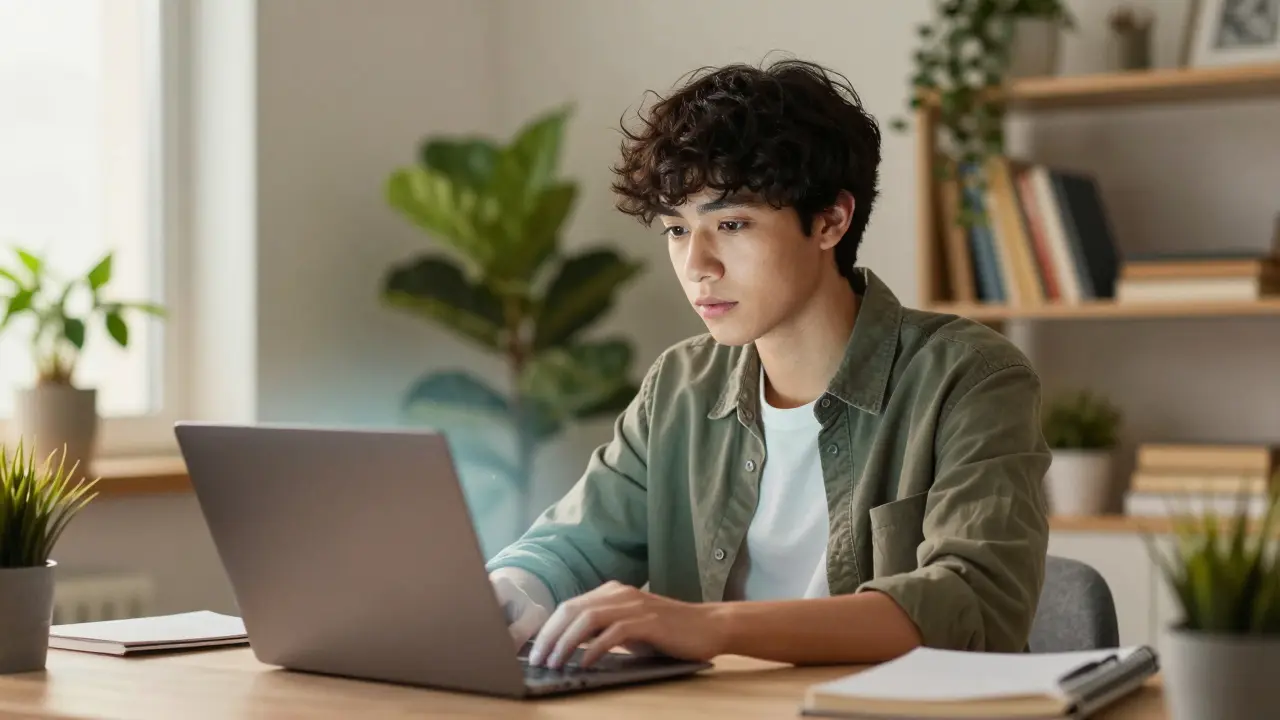 Young person empowered by coding in a cozy home office