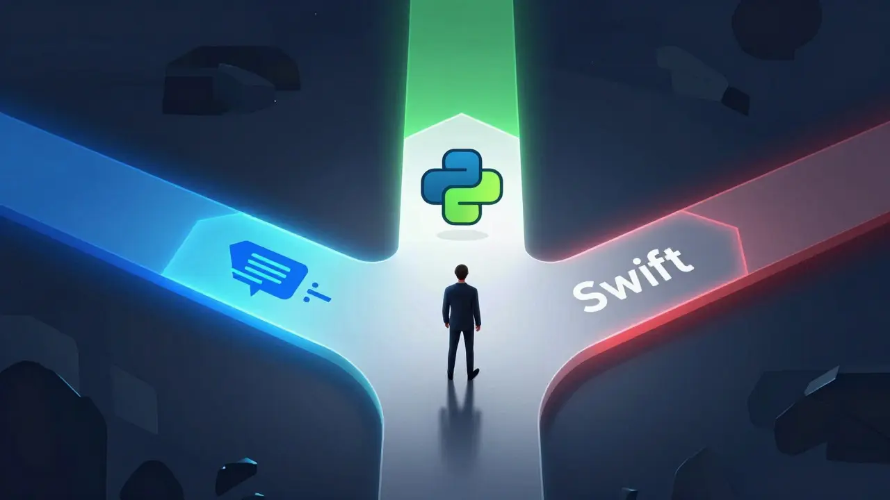 Abstract illustration of choosing between different programming language paths