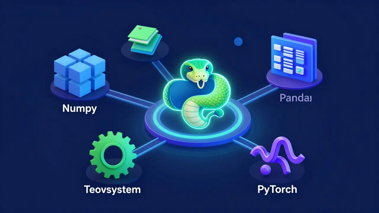 Abstract visualization of Python AI libraries connecting seamlessly