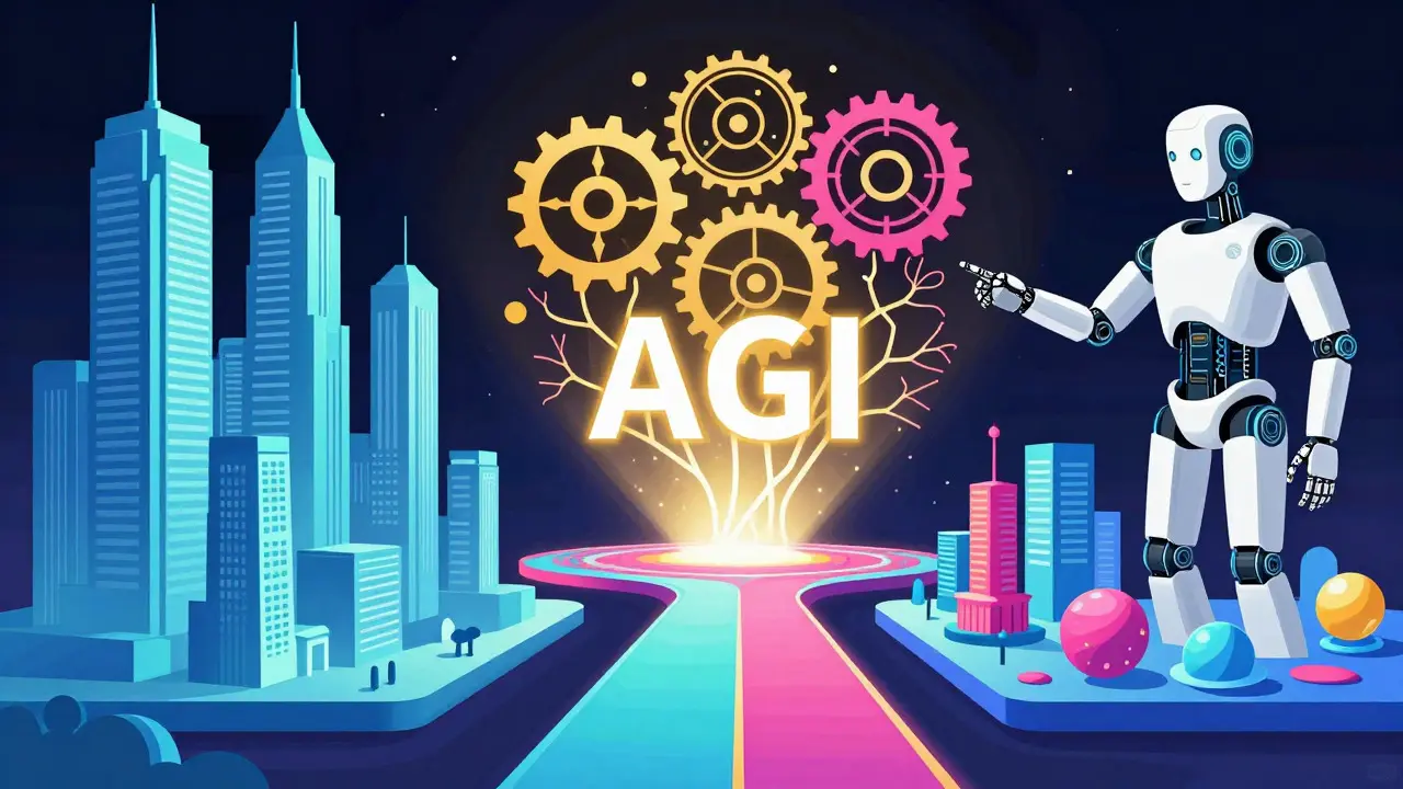 Abstract visualization of three AGI research pathways merging together