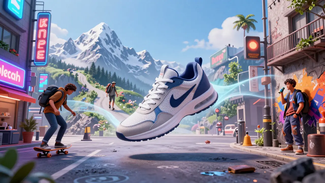 AI-generated sneaker ads tailored to Tokyo, Alps, and Berlin settings