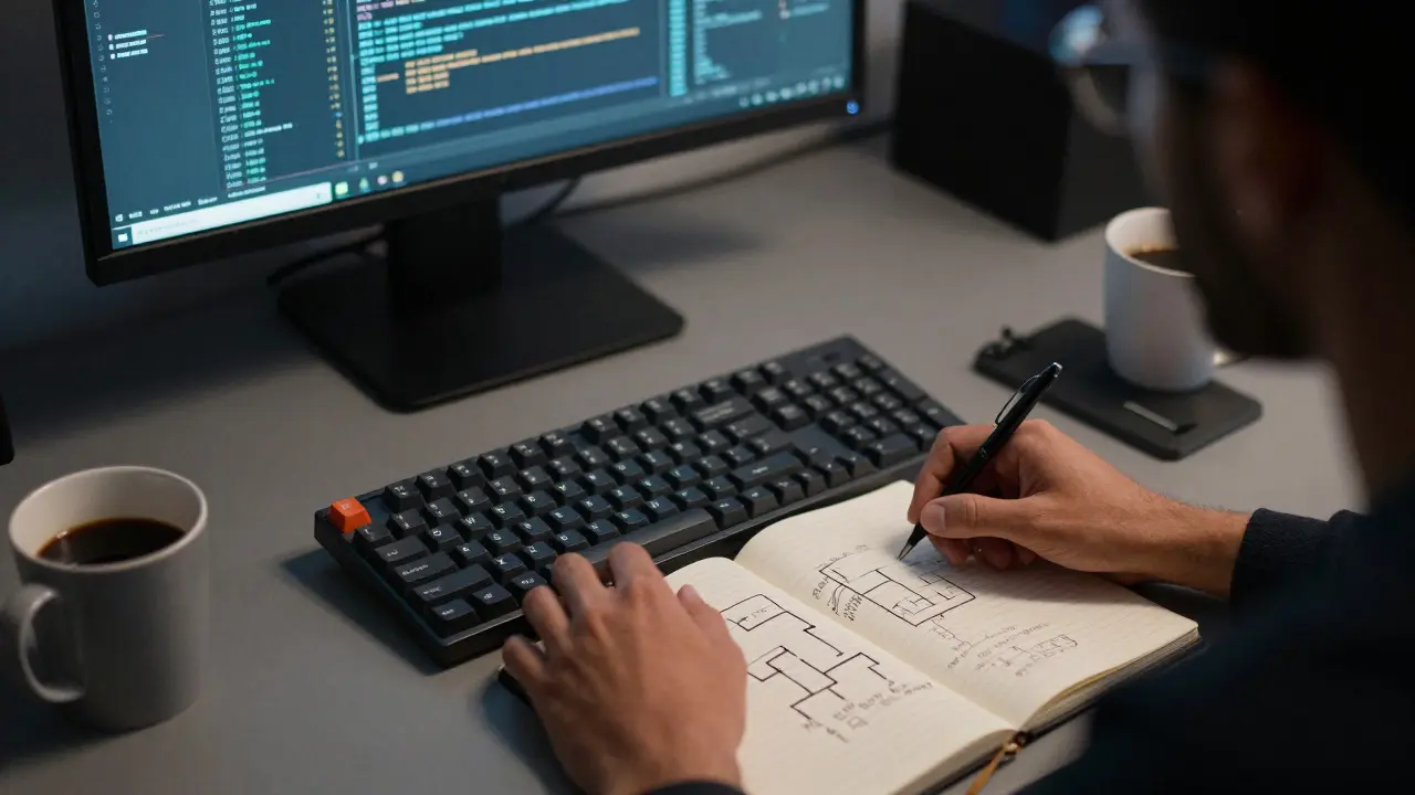 Close-up of a programmer's desk with flowcharts and keyboard