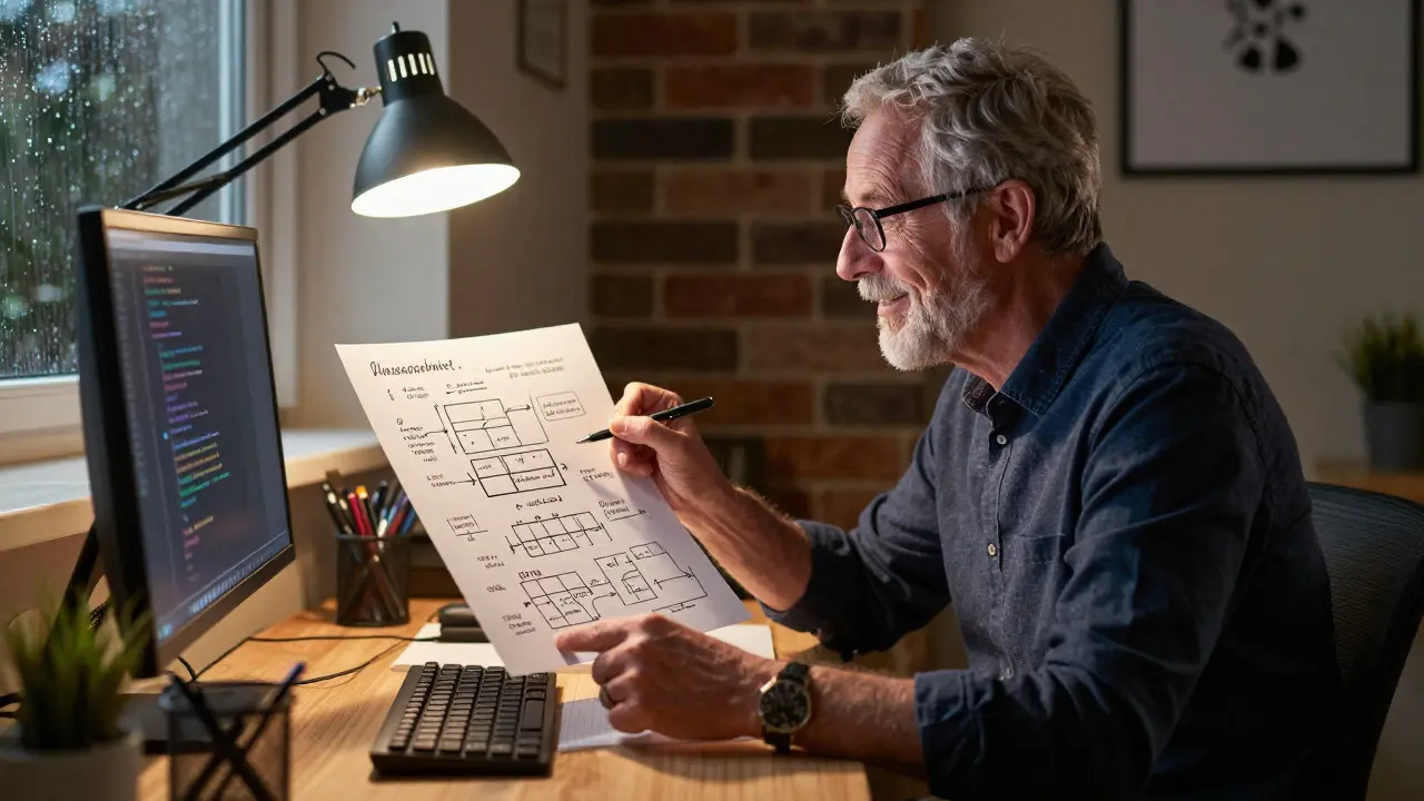Developer reviewing code in cozy UK home office
