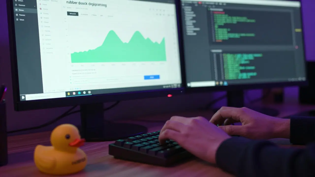 Developer typing with GitHub repo and rubber duck