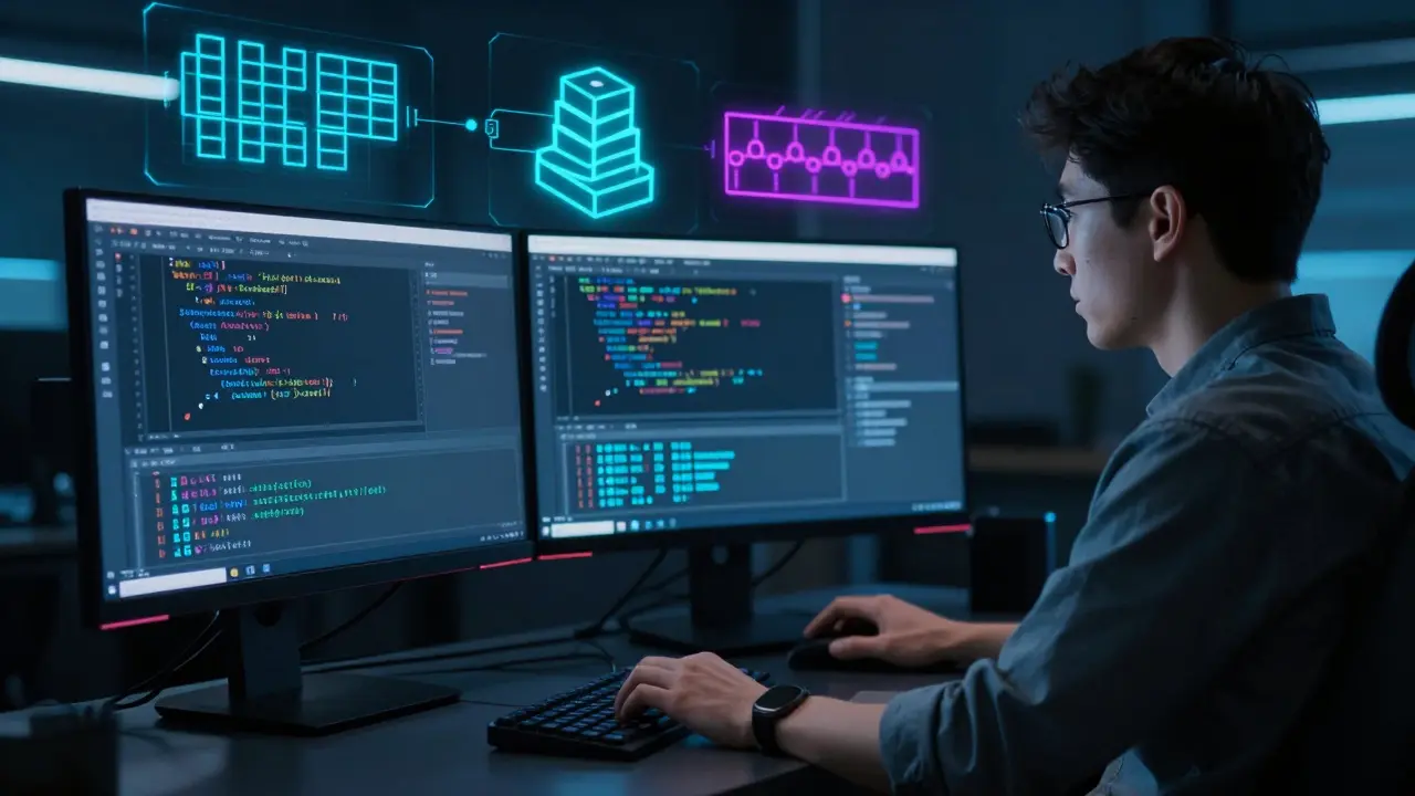 Developer using debugger tools with holographic data structure visualizations floating nearby.