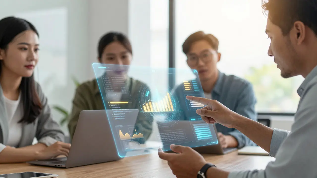 Marketing team analyzing holographic AI data in a modern office