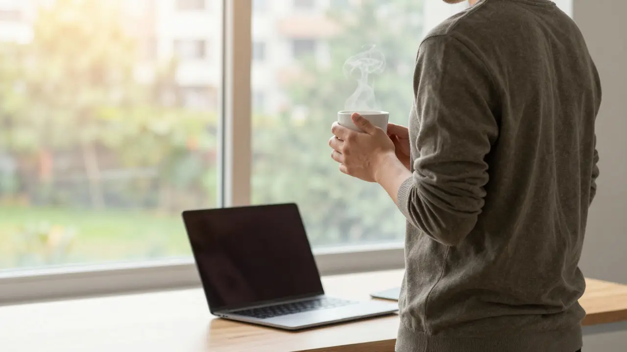 Programmer taking a break by a sunny window with tea