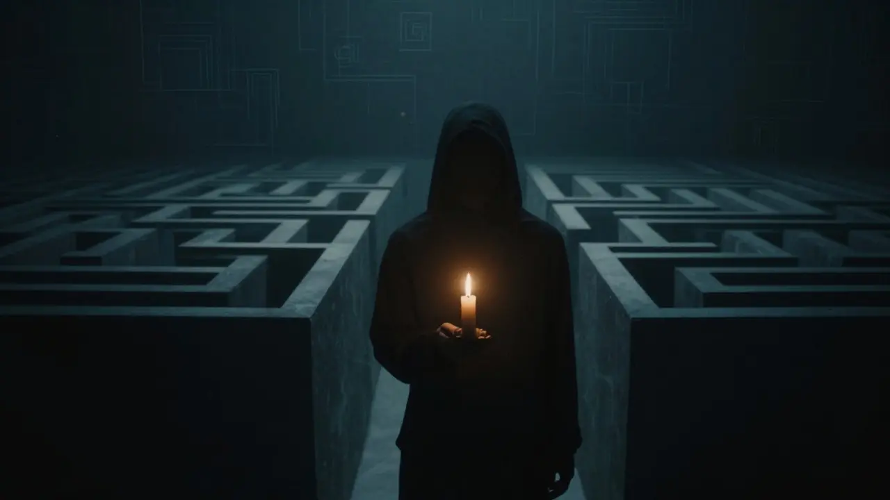 Shadowy figure holding a candle in a complex maze representing AI safety