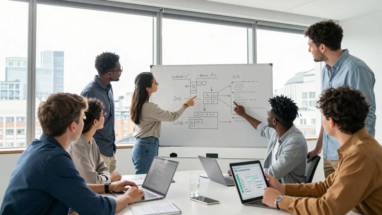 Team of developers collaborating on architecture diagrams in a bright, modern office space.