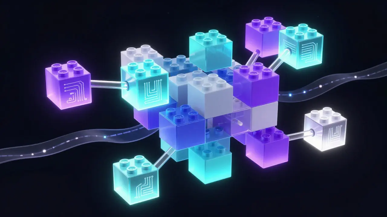 Abstract 3D art of glowing modular blocks connecting in a digital void