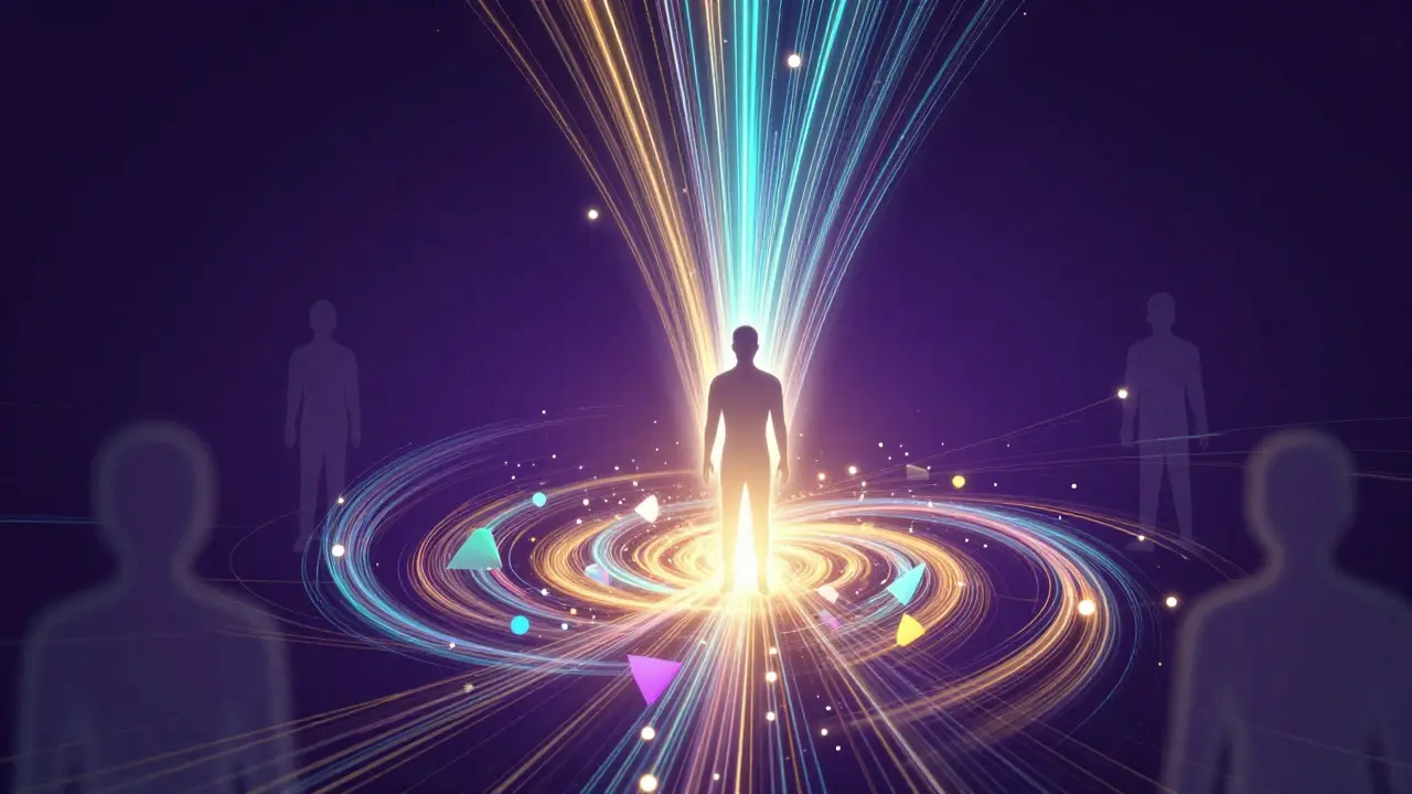 Abstract illustration of a user receiving targeted data streams from surrounding chaos