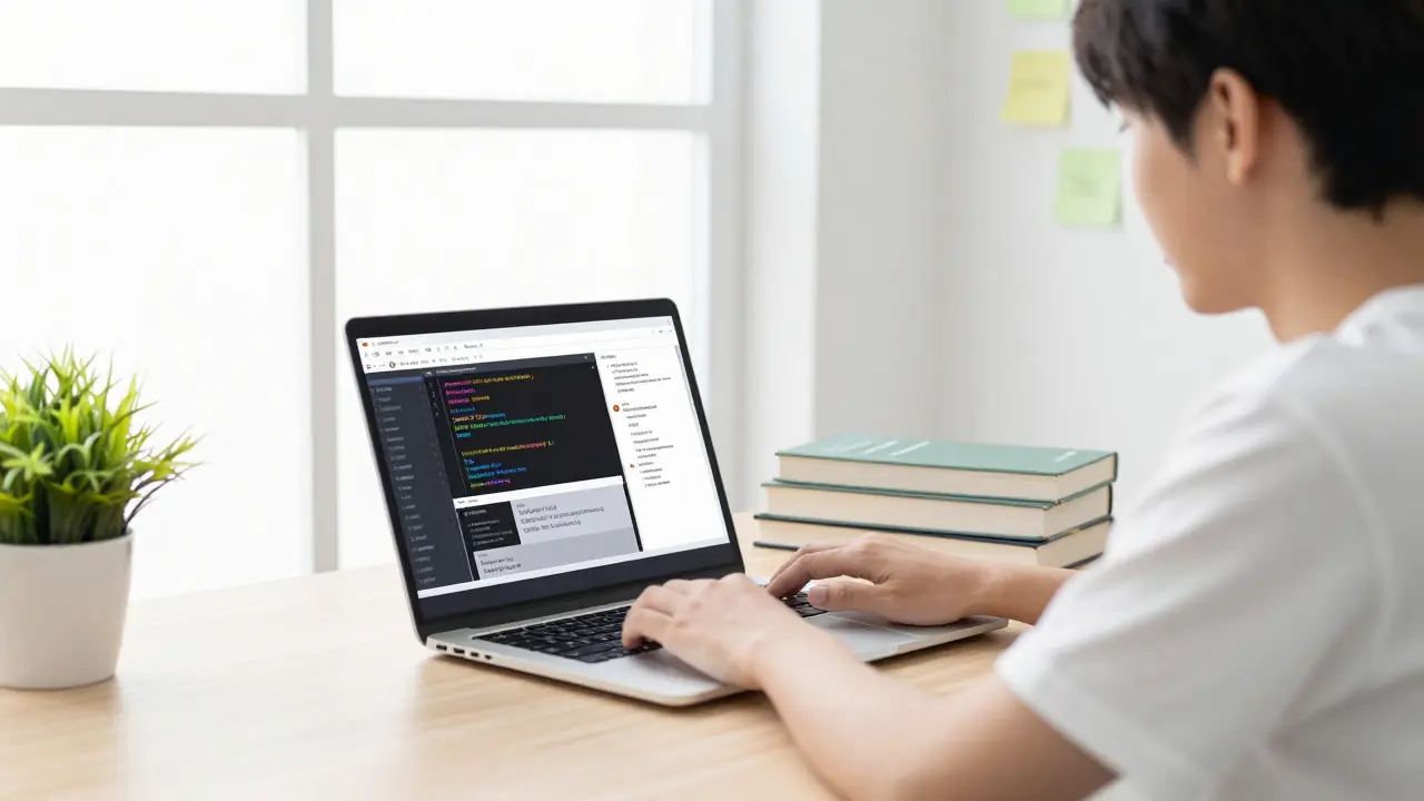 Beginner working on a laptop with books and a plant in a bright, airy room