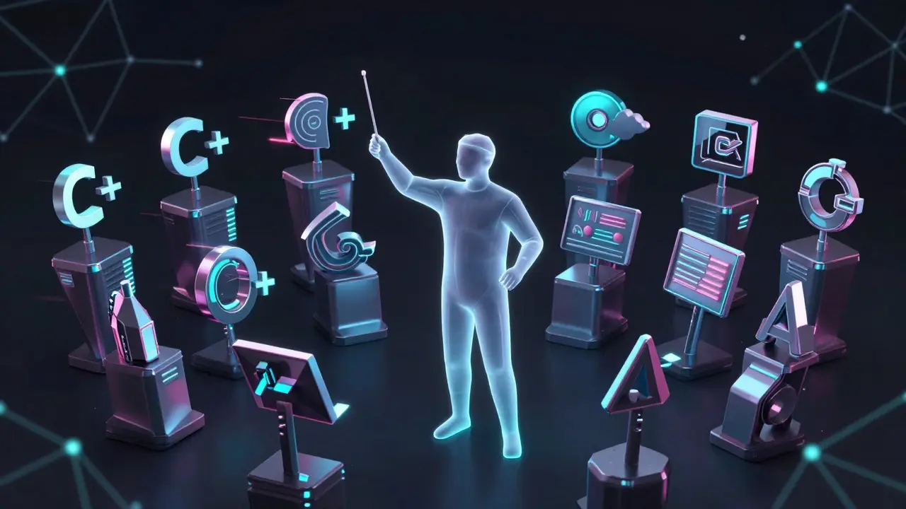 Conceptual art of a conductor directing geometric shapes representing code layers