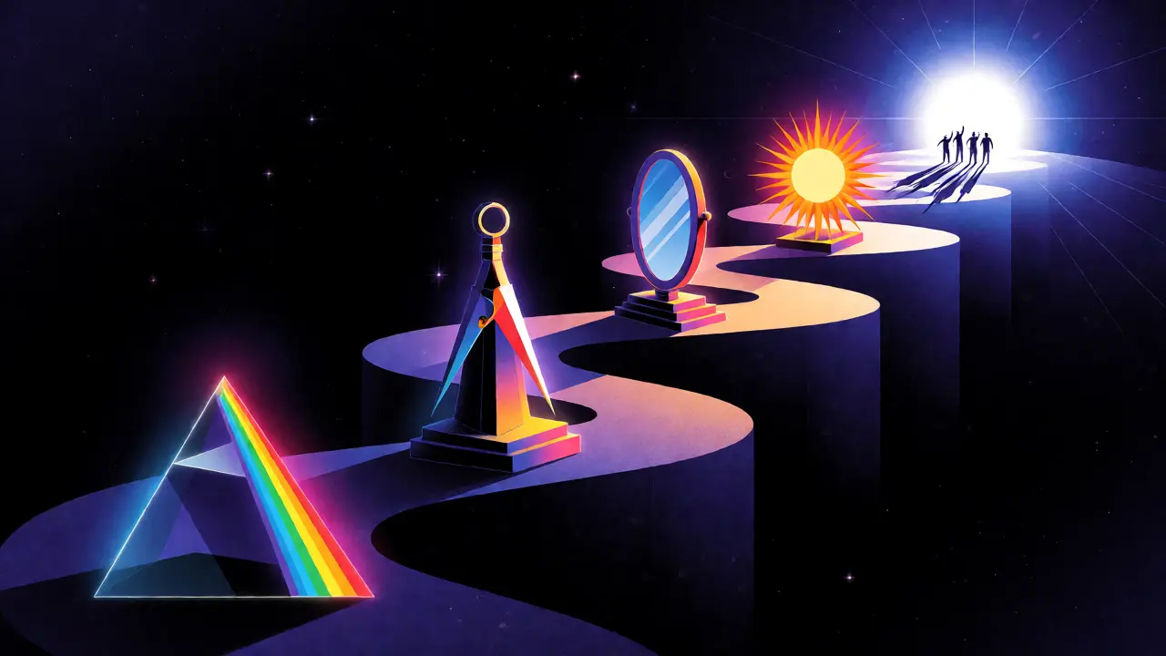 Conceptual path ascending through space with glowing milestones leading to superintelligence.