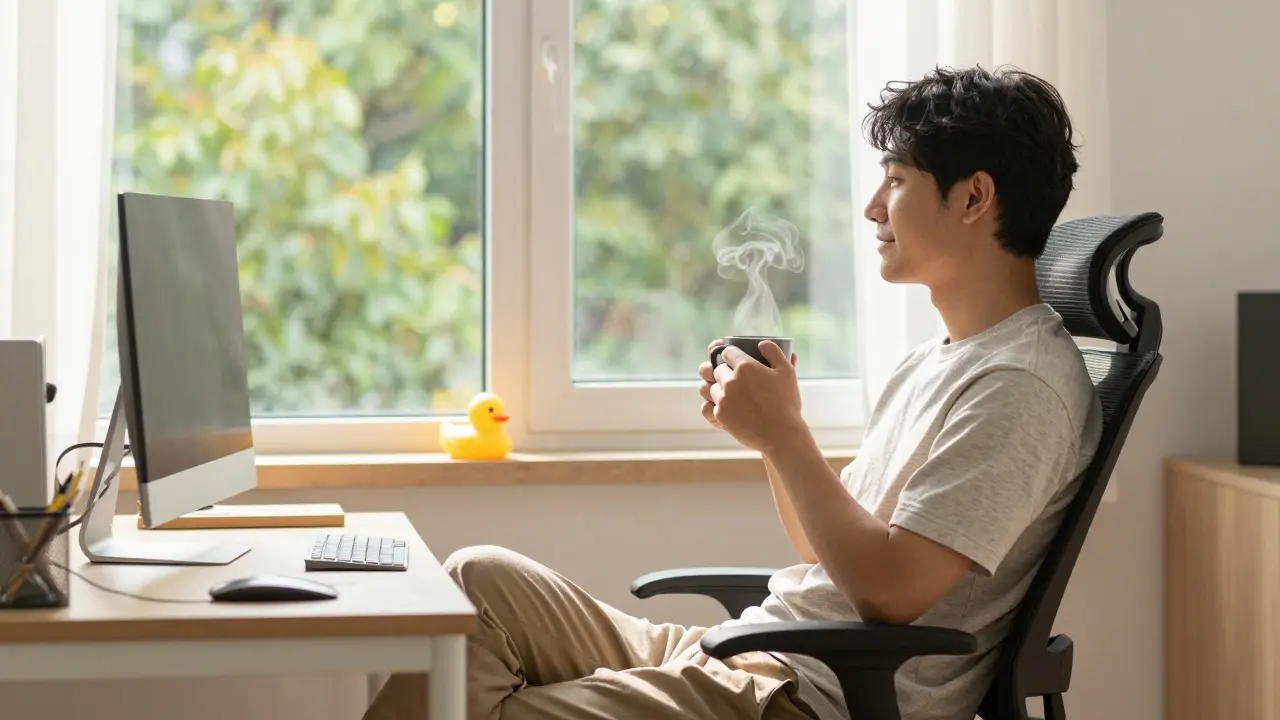 Developer relaxing by a sunny window with a mug and a rubber duck