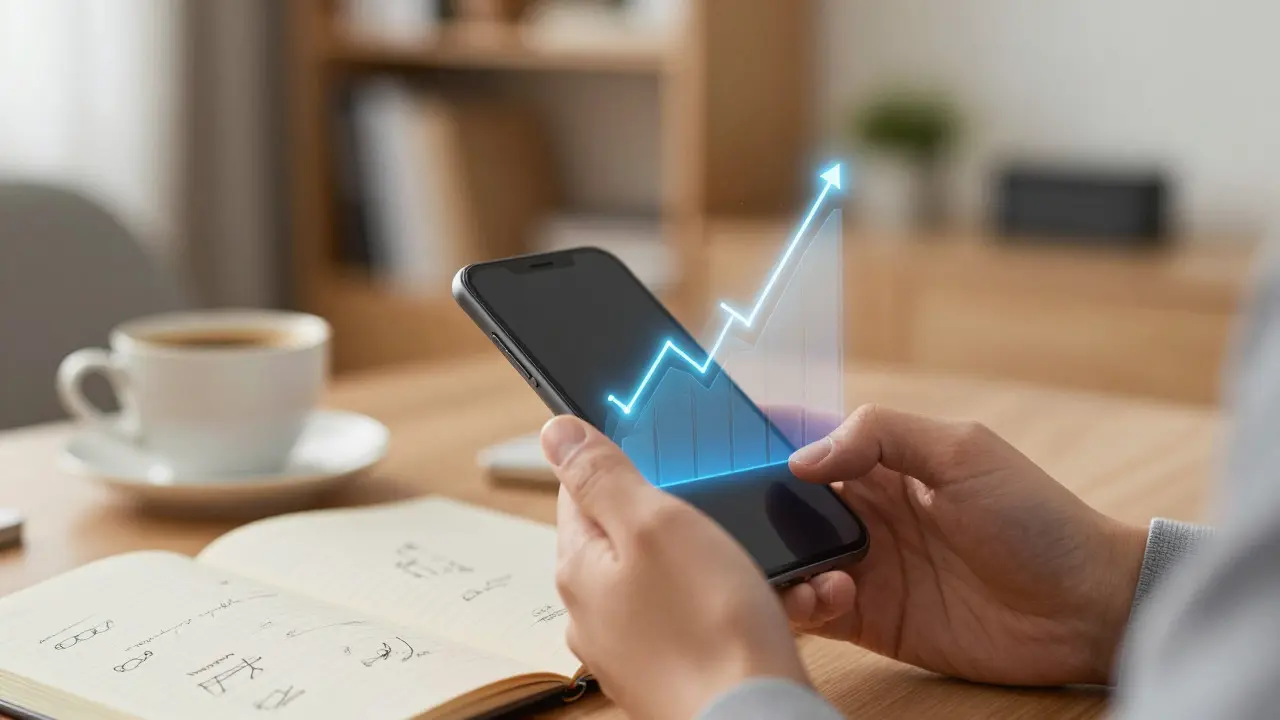 Hand holding a phone with AR performance overlays in a cozy home office setting