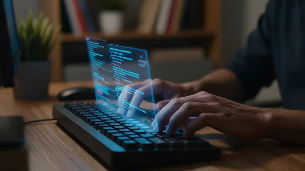 Hands interacting with floating holographic code in a dim home office
