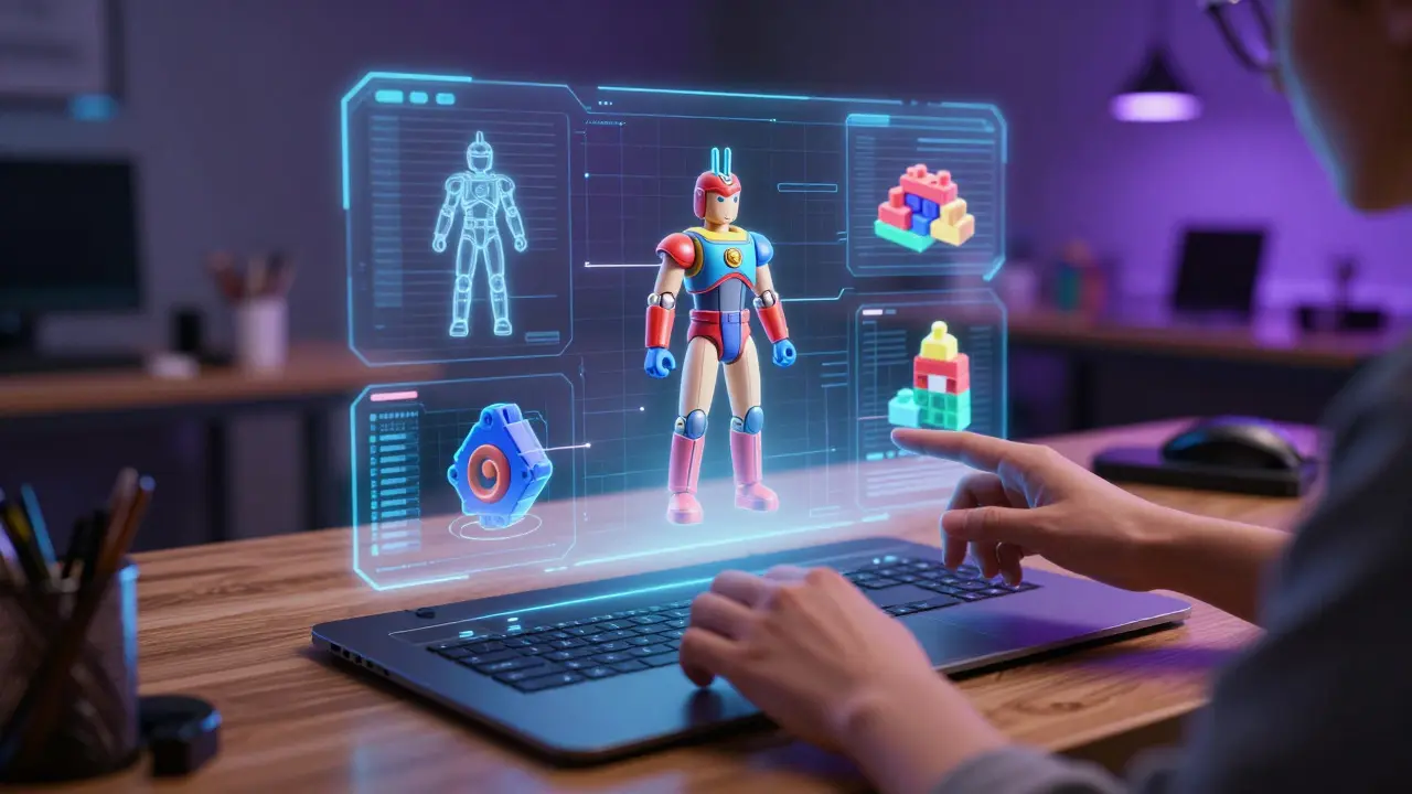 Holographic toy prototypes being designed by AI in a futuristic studio.