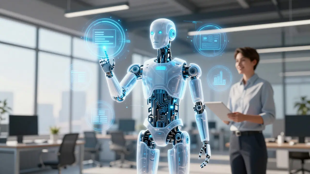 Human and AI agent collaborating in a futuristic office setting
