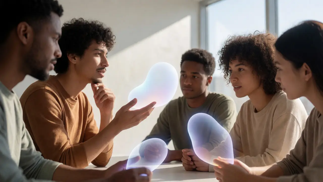 Humans collaborating with abstract light-based AI entities in a bright, modern workspace.