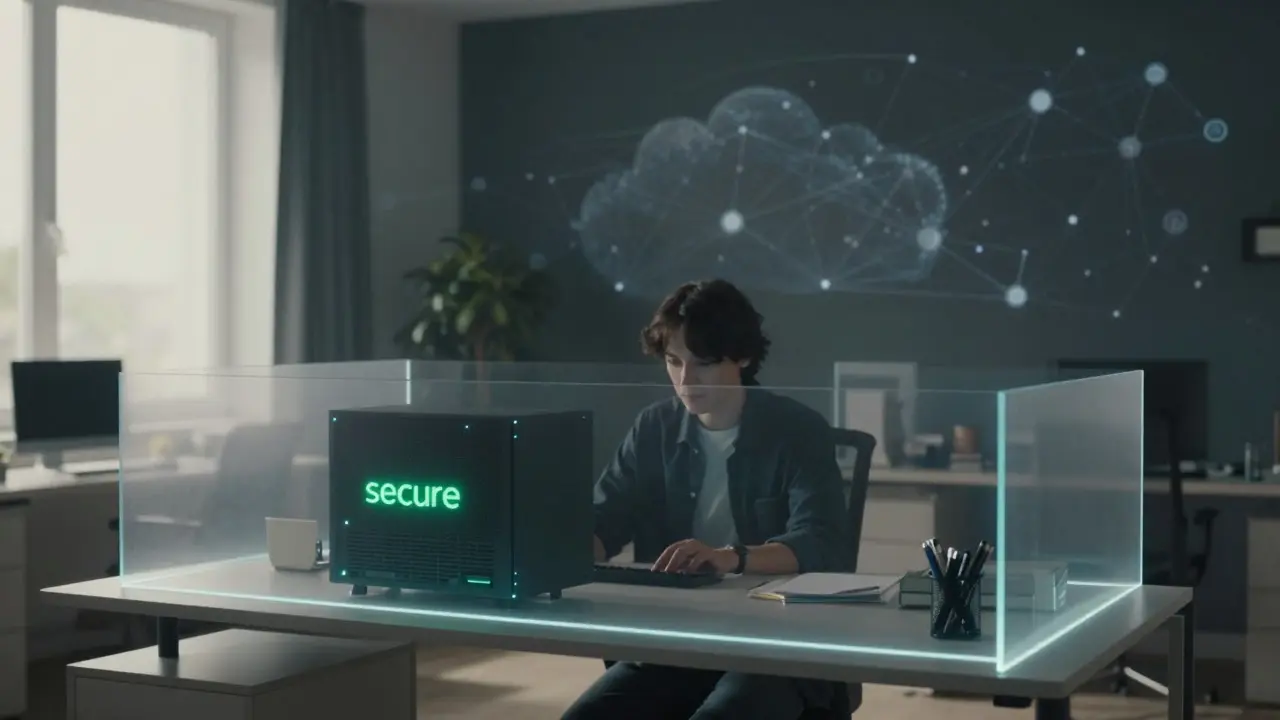 Person at desk with secure local device separated from cloud