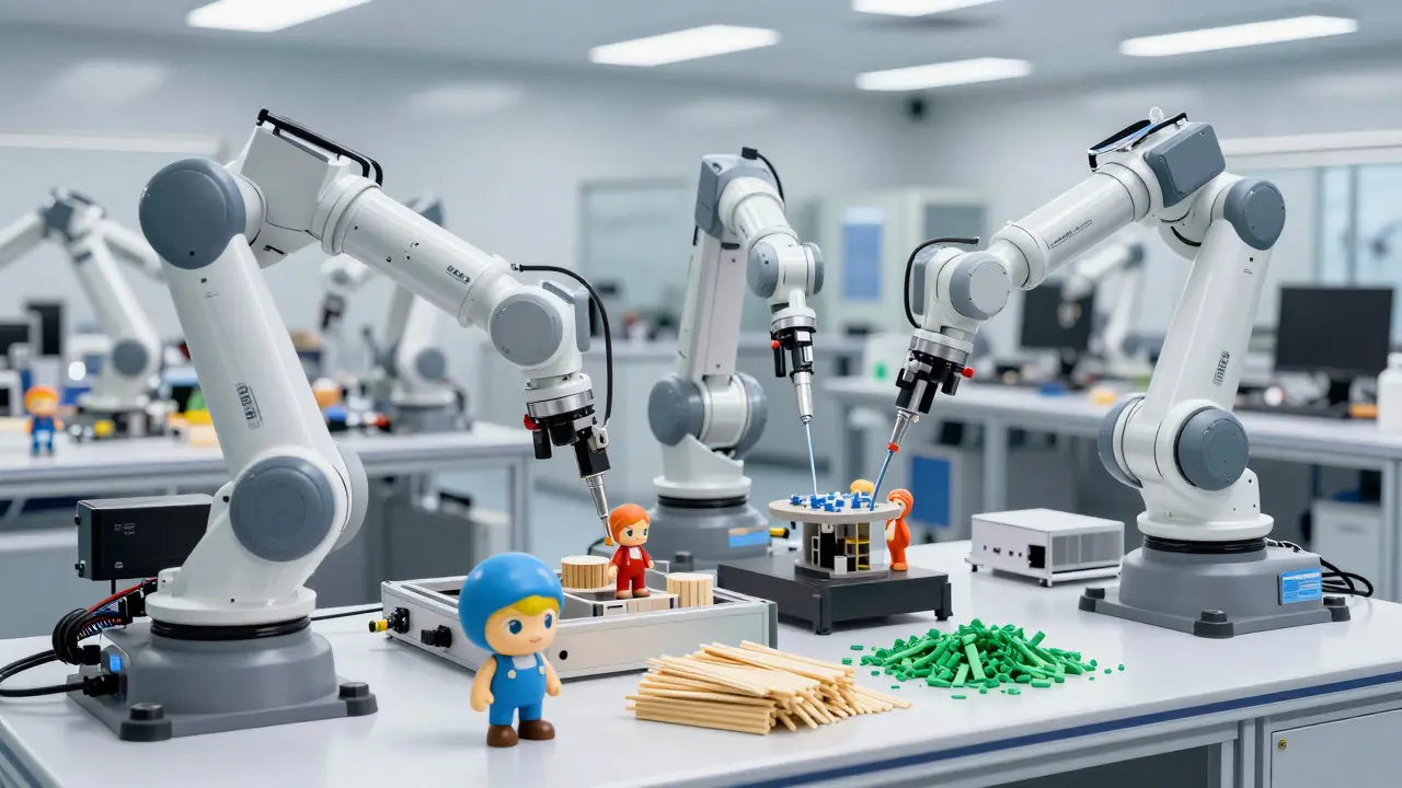 Robotic arms assembling custom toys in a clean, efficient smart factory.