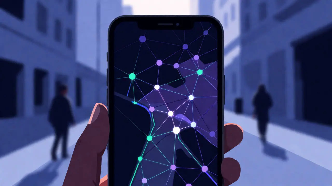 Smartphone displaying abstract digital phenotyping data networks