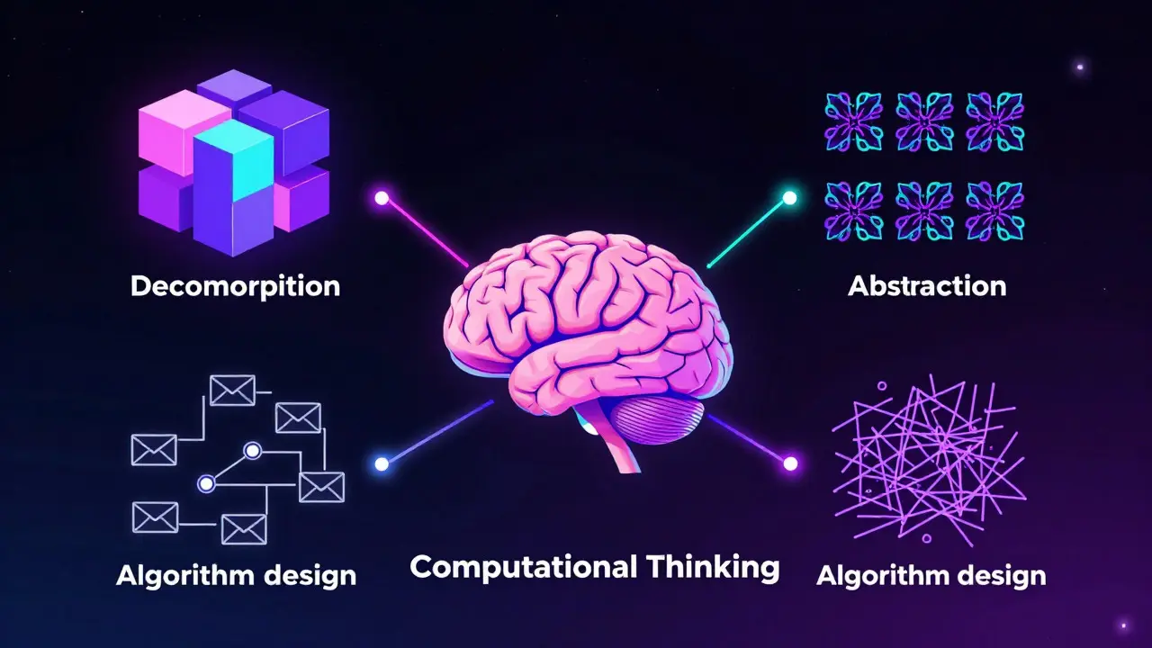 Surreal illustration of a brain processing computational thinking steps